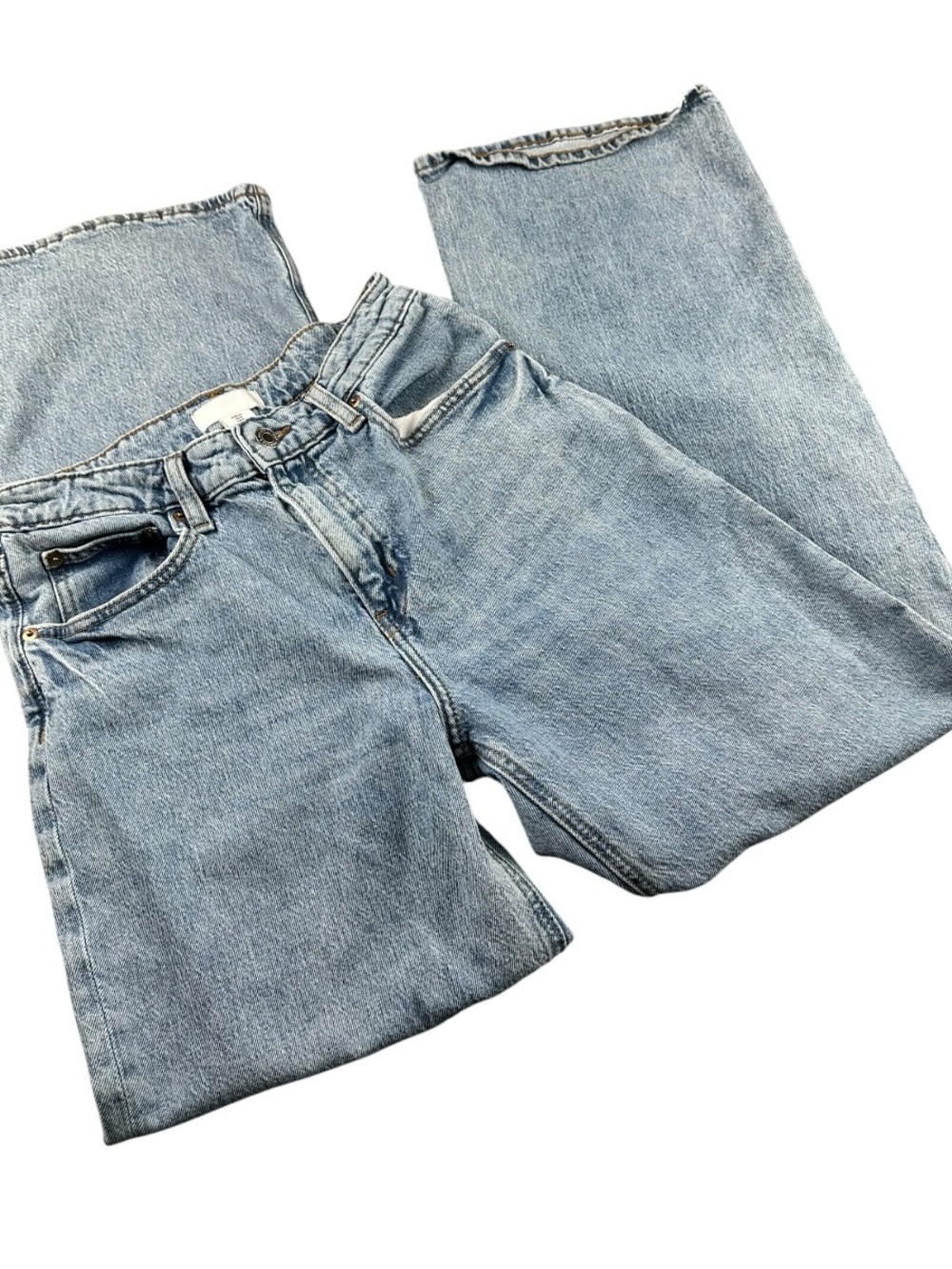 H&M High Rise Wide Straight Leg Jeans 8 Light Wash Distressed Relaxed Y2K Denim